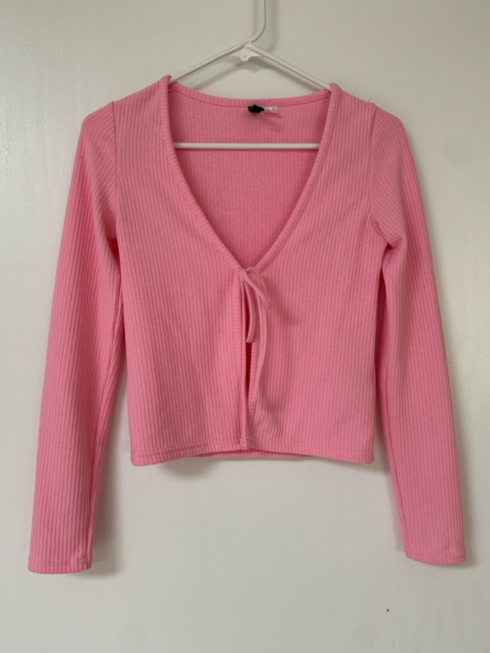 H&M Pink Ribbed Long Sleeve Tie-Front Top